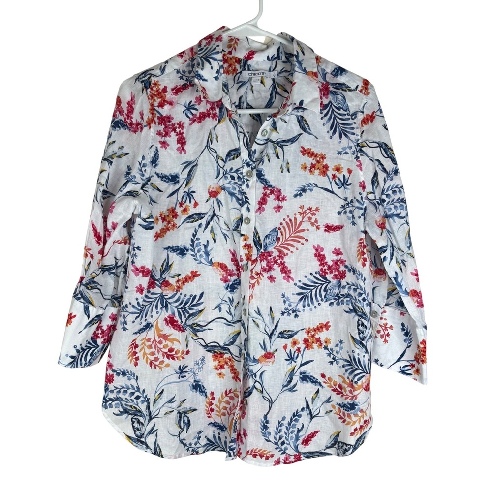 Chico's Linen Button Down Shirt Womens 1 M White Floral Long Sleeve Collared Top